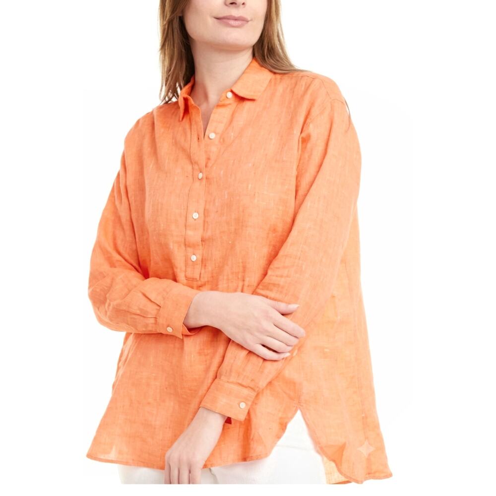 J McLaughlin Fallon 100% Linen Popover Tunic Top Medium in Orange Oversized